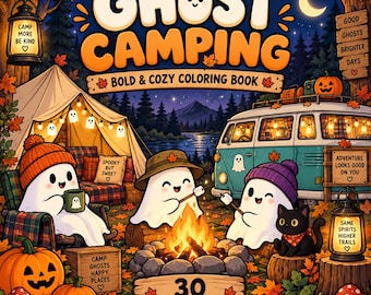 May include: A coloring book cover titled GHOST CAMPING BOLD & COZY COLORING BOOK featuring three white ghosts, a black cat, a campfire, a tent, and a camper van in an autumn forest setting with pumpkins, lanterns, and fallen orange leaves.