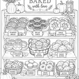 Peut inclure: Une page de coloriage en noir et blanc repr&eacute;sentant une &eacute;tag&egrave;re de boulangerie remplie de diverses p&acirc;tisseries, notamment du pain &agrave; la citrouille, des tartelettes aux noix de p&eacute;can, des galettes aux pommes, des roul&eacute;s &agrave; la cannelle et des croissants.