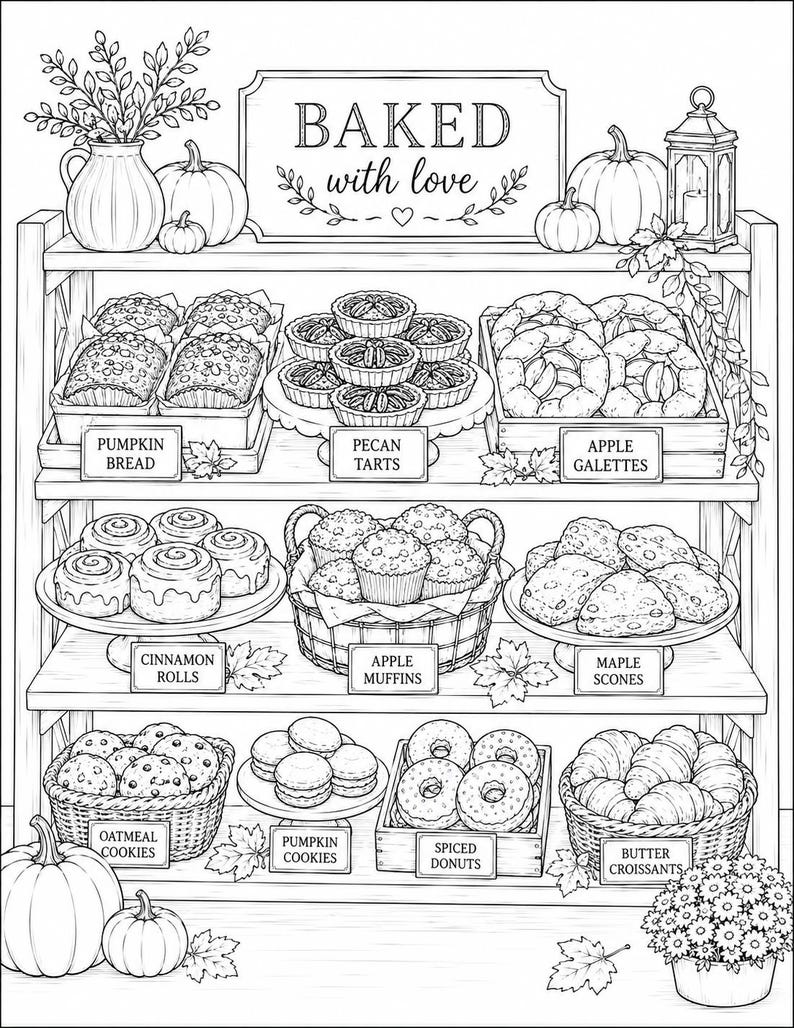 Peut inclure: Une page de coloriage en noir et blanc repr&eacute;sentant une &eacute;tag&egrave;re de boulangerie remplie de diverses p&acirc;tisseries, notamment du pain &agrave; la citrouille, des tartelettes aux noix de p&eacute;can, des galettes aux pommes, des roul&eacute;s &agrave; la cannelle et des croissants.