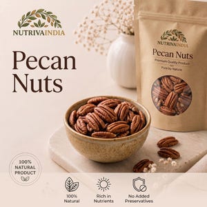 Può includere: Un sacchetto di carta color marrone chiaro etichettato NutrivaIndia Pecan Nuts con una finestra circolare che mostra noci pecan marroni, accanto a una ciotola in ceramica maculata piena di noci. Il testo include 100% Natural Product, Rich in Nutrients e No Added Preservatives.