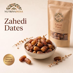 May include: A bowl filled with light brown Zahedi dates next to a stand-up pouch labeled NutrivaIndia Zahedi Dates Premium Quality Product Pure by Nature. A gold circular seal reads 100% Natural Product. Two loose dates and thin stems lie nearby.