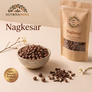 May include: A beige stand-up pouch labeled NutrivaIndia Nagkesar containing brown dried flower buds, alongside a ceramic bowl filled with the same buds. Scattered buds and two small white flowers are present. A gold seal reads 100% Natural Product.