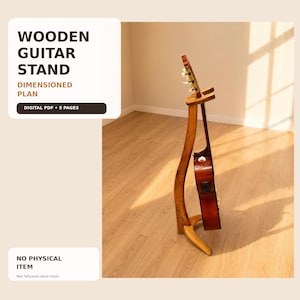 Könnte beinhalten: Ein Gitarrenständer aus Holz mit geschwungenem, vertikalem Design, der eine akustische Gitarre hält. Der Text auf dem Bild lautet: WOODEN GUITAR STAND, DIMENSIONED PLAN, DIGITAL PDF • 5 PAGES, NO PHYSICAL ITEM, Real Taftywood stand shown.