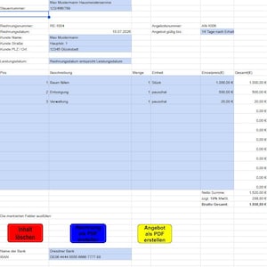 Può includere: Un modello di fattura digitale con una tabella che include colonne per posizione, descrizione, quantità, unità, prezzo unitario e totale. Il documento contiene campi per il codice fiscale, il numero di fattura, la data e i dati bancari.