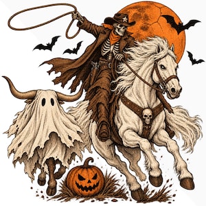 May include: A graphic illustration featuring a skeleton cowboy in a brown duster and hat riding a white horse, swinging a lasso. Beside them, a ghost-like bull and a jack-o'-lantern. An orange moon and black bats are in the background.
