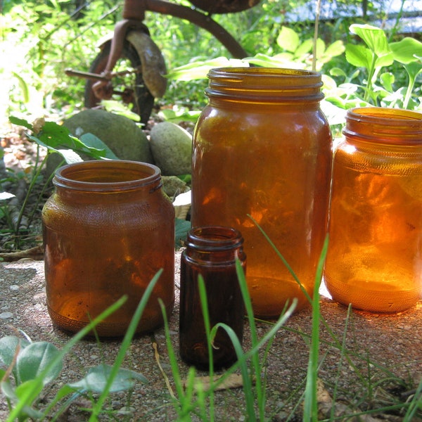 Vintage amber brown jars set of 4, great vases, center piece, woodland rustic wedding