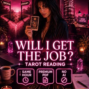 以下が含まれることがあります： WILL I GET THE JOB? TAROT READING, SAME HOUR, PREMIUM PDF, NO AI, UNCERTAIN, OPPORTUNITY, OFFER ACCEPTED, FOCUS PLAN SUCCEED, RESUME, HIREDというテキストが書かれたタロット占いの広告。タロットカードを持つ人物が写っている。