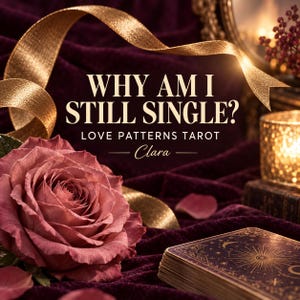 Könnte beinhalten: Ein Tarotkartendeck mit goldenen Himmelsmotiven auf dunkelviolettem Samtstoff, begleitet von einer großen altrosa Rose, einem goldenen Band und einer leuchtenden Kerze. Der Text lautet: WHY AM I STILL SINGLE? LOVE PATTERNS TAROT - Clara.