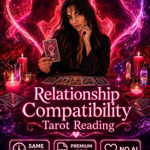 Könnte beinhalten: Eine Person hält eine Tarotkarte mit Herzmotiv, umgeben von Kerzen, Kristallen und Rosen. Der Text lautet Relationship Compatibility Tarot Reading, Same Hour, Premium PDF und No AI, vor einem leuchtenden, pinkfarbenen Herz-Hintergrund.