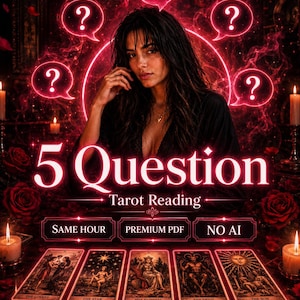 Può includere: Un grafico digitale per una lettura dei tarocchi a 5 domande con una persona, cinque icone luminose a punto interrogativo e cinque carte dei tarocchi chiamate The Lovers, The Star, The Empress, The Devil e The Sun. Testo: SAME HOUR, PREMIUM PDF, NO AI.