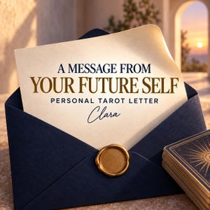 May include: A dark blue envelope containing a cream-colored card with the text A MESSAGE FROM YOUR FUTURE SELF PERSONAL TAROT LETTER Clara. The envelope is sealed with a round gold wax seal and sits next to a deck of cards with gold edges.