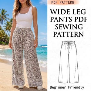 Könnte beinhalten: Ein PDF-Schnittmuster für eine Hose mit weitem Bein, bestehend aus einem weißen Tanktop und einer hoch taillierten Hose mit schwarz-weißem Punktemuster, einem elastischen Bund mit Kordelzug sowie einer technischen Skizze des Kleidungsstücks.