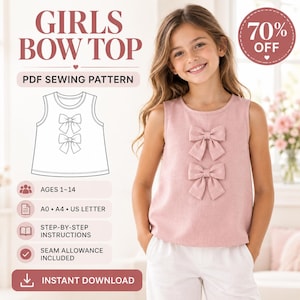 Patrón de costura en PDF para blusa sin mangas con lazo para niñas, tallas de 1 a 14 años.