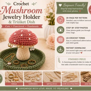 Puede incluir: Un patrón de ganchillo para un soporte de joyería y plato de baratijas en forma de seta. La seta tiene un sombrero rojo con puntos blancos y un tallo crema, sobre una base circular verde. La imagen incluye texto sobre un PDF de 39 páginas.