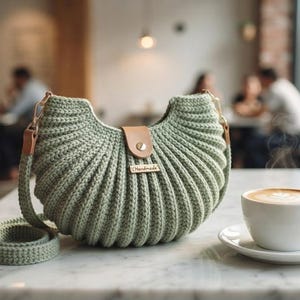 May include: A sage green crescent-shaped crochet shoulder bag with a ribbed texture, featuring a tan leather-like tab closure with a gold-tone snap button and a small rectangular tag labeled "Handmade" attached to the front center.
