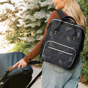Bolso cambiador geométrico negro / Mochila moderna de lona / Organizador espacioso para bebés / Regalo para padres