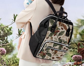 Wickeltasche mit Blumenmuster in Kaffeebraun | Botanischer Canvas-Rucksack | Geräumige Baby-Organizer | Geschenkidee für Eltern