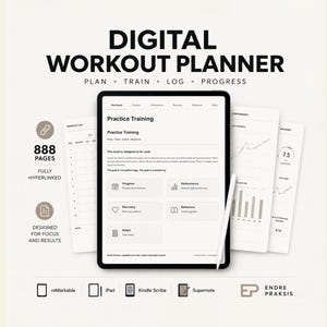 Op de afbeelding: Een digitale workoutplanner weergegeven op een tablet met een stylus. Het scherm toont een dashboard getiteld Practice Training met secties voor programma, prestaties, herstel, referentie en notities. Tekst bevat 888 pagina's, volledig gehyperlinkt, ontworpen voor focus en resultaten. Compatibel met reMarkable, iPad, Kindle Scribe en Supernote.