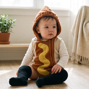 Peut inclure: Un body à capuche pour bébé conçu pour ressembler à un hot-dog, avec une capuche et un torse marron ornés d'une application ondulée jaune moutarde au centre, porté sur un haut blanc à manches longues et des chaussettes noires montantes.