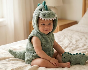 Baby dinosauruspakje: saliegroene mouwloze chenille romper