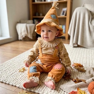 Scarecrow Baby Costume Tan Plush Patchwork Romper with Hat