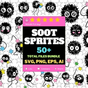 Puede incluir: Una colección digital de personajes negros y peludos con grandes ojos blancos, rodeados de pequeñas estrellas coloridas. Un gráfico central rectangular rosa y negro muestra el texto SOOT SPRITES 50+ TOTAL FILES BUNDLE SVG, PNG, EPS, AI.