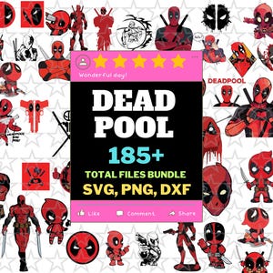 Puede incluir: Una colección digital de gráficos del personaje Deadpool con varias poses, armas e iconos. La pancarta central rosa y negra muestra el texto DEADPOOL 185+ TOTAL FILES BUNDLE SVG, PNG, DXF con cinco estrellas amarillas encima.