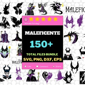 May include: A digital collection of over 150 Maleficent character graphics in SVG, PNG, DXF, and EPS formats. The images feature various silhouettes, portraits, and dragon forms of the character in black, purple, and green against a star background.