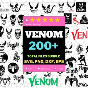 Peut inclure: Une collection numérique de plus de 200 fichiers graphiques sur le thème de Venom aux formats SVG, PNG, DXF et EPS. La bannière rose centrale affiche le texte VENOM 200+ TOTAL FILES BUNDLE SVG, PNG, DXF, EPS, entouré d'icônes en noir et blanc.