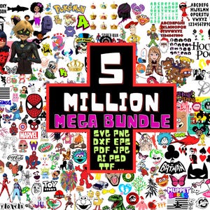 May include: A digital design collection featuring a central black cross with the white text 5 MILLION MEGA BUNDLE and green text listing file formats. The surrounding area is filled with numerous colourful cartoon characters, logos, and icons.
