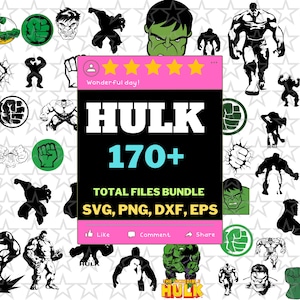 May include: A digital collection of over 170 Hulk graphic files in SVG, PNG, DXF, and EPS formats. The central pink and black banner displays the text HULK 170+ TOTAL FILES BUNDLE, surrounded by various black, white, and green illustrations of the character.