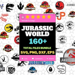 May include: A digital collection of over 160 Jurassic World themed graphic files in SVG, PNG, DXF, and EPS formats. The central pink and black banner displays the text Jurassic World 160+ Total Files Bundle, surrounded by various dinosaur logos.