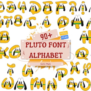 May include: A digital alphabet and number set featuring yellow characters with green horizontal stripes and black dog ears. A central rectangular sign displays the text 90+ TOTAL FILES PLUTO FONT ALPHABET SVG PNG in red and blue lettering.