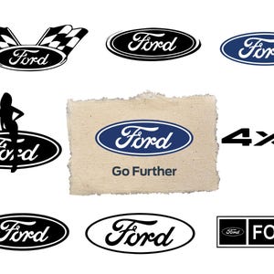 May include: A collection of Ford logos and graphics including various oval emblems, a checkered flag design, a silhouette figure, the text 4x4, and a central rectangular patch featuring the blue Ford oval logo with the text Go Further below it.