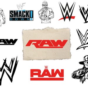 May include: A collection of black and white illustrations featuring professional wrestlers, the WWE logo in various styles, and the text logos for SmackDown and RAW. The center features a red RAW logo printed on a textured, rectangular paper.
