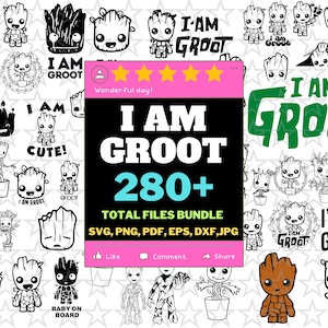 Può includere: Una collezione digitale di oltre 280 illustrazioni in bianco e nero che ritraggono il personaggio Groot in varie pose, incluse versioni in vaso e design testuali. Una grafica centrale rosa e nera mostra il testo I AM GROOT 280+ TOTAL FILES BUNDLE SVG, PNG, PDF, EPS, DXF, JPG.