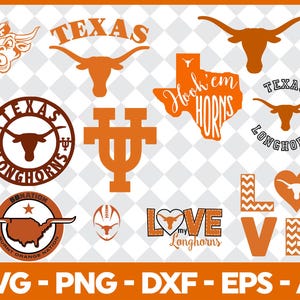 May include: A collection of orange and white digital graphics featuring Texas Longhorns imagery, including steer silhouettes, the state of Texas, the text Hook 'em Horns, and various logos with the words Texas Longhorns and Burnt Orange Nation.