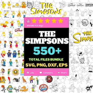 May include: A digital file bundle featuring over 550 The Simpsons character illustrations in color and black and white line art. The collection includes SVG, PNG, DXF, and EPS formats, displayed with a central pink banner showing five stars.