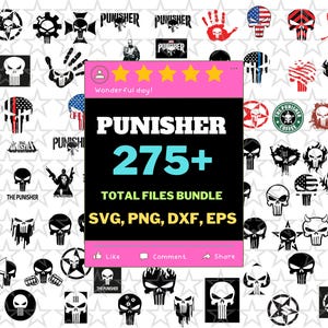 May include: A digital collection of over 275 Punisher skull graphic files in SVG, PNG, DXF, and EPS formats. The central pink and black display features the text PUNISHER 275+ TOTAL FILES BUNDLE SVG, PNG, DXF, EPS with five yellow stars.