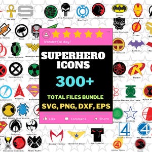 Puede incluir: Una colección digital de más de 300 iconos de superhéroes con varios emblemas y logotipos de personajes en varios colores. Un banner central rosa y negro muestra el texto SUPERHERO ICONS 300+ TOTAL FILES BUNDLE SVG, PNG, DXF, EPS.