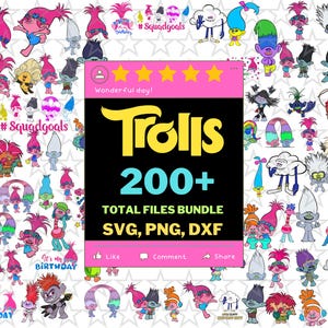 以下が含まれることがあります： SVG、PNG、DXF形式の200種類以上のトロールズのキャラクターグラフィックのデジタルコレクション。中央のピンクと黒のグラフィックには、黄色のテキスト「Trolls」、「200+ TOTAL FILES BUNDLE」、「SVG, PNG, DXF」、およびソーシャルメディアアイコンが表示されています。