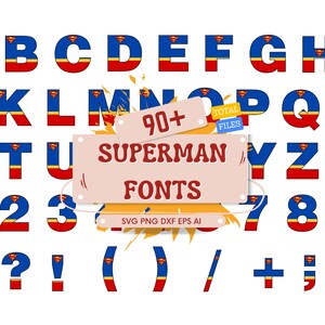 Peut inclure: Un ensemble numérique d'alphabet et de chiffres présentant des lettres et des chiffres dans un schéma de couleurs bleu et rouge avec un petit logo Superman sur chaque caractère. Une étiquette centrale affiche le texte 90+ TOTAL FILES SUPERMAN FONTS SVG PNG DXF EPS AI.