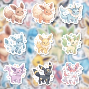 May include: A collection of nine individual stickers featuring various Eevee evolution characters in a cartoon style. The characters include Eevee, Flareon, Vaporeon, Glaceon, Jolteon, Leafeon, Espeon, Umbreon, and Sylveon, each with distinct colors.