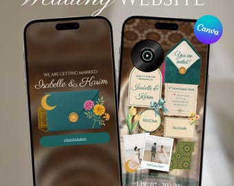 Plantilla web para boda en Marrakech (Marrakech) / Invitación digital en tonos joya para Canva / Revelación del sobre, confirmación de asistencia y cuenta regresiva / Descarga instantánea