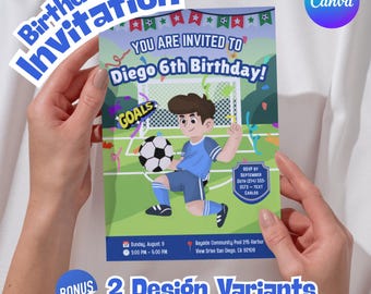 Invitación de cumpleaños con temática de fútbol, invitación para fiesta de fútbol, plantilla editable de Canva (descarga digital)