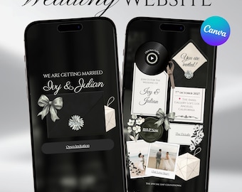 Plantilla moderna monocromática para sitio web de bodas, invitación digital editable en Canva, sitio web minimalista para confirmación de asistencia con revelación del sobre.
