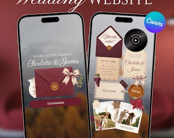 Plantilla de sitio web para bodas en viñedos con temática de cosecha de otoño en Canva / Invitación digital editable RSVP rústica para viñedos de otoño / Sitio web para bodas con temática de vino de Borgoña