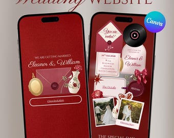 Plantilla de sitio web de boda Rosa Roja, invitación digital floral romántica, sitio web de confirmación de asistencia editable en Canva, plantilla de boda clásica