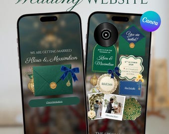 Plantilla web de boda Nouveau Vienna / Invitación digital Canva con detalles dorados / Revelación del sobre, confirmación de asistencia y cuenta regresiva / Descarga instantánea