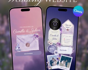 Plantilla web de boda Lavender Provence, invitación digital editable en Canva, sitio web de confirmación de asistencia con temática campestre francesa con revelación de sobre y música.